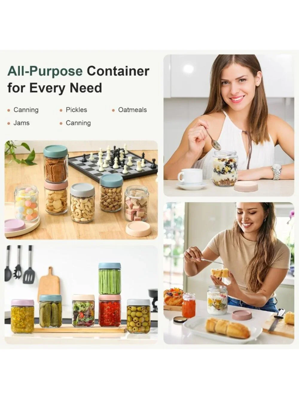 6-Pack 16oz Glass Overnight Oats Containers with Airtight Lids & Wide Mouth Jars